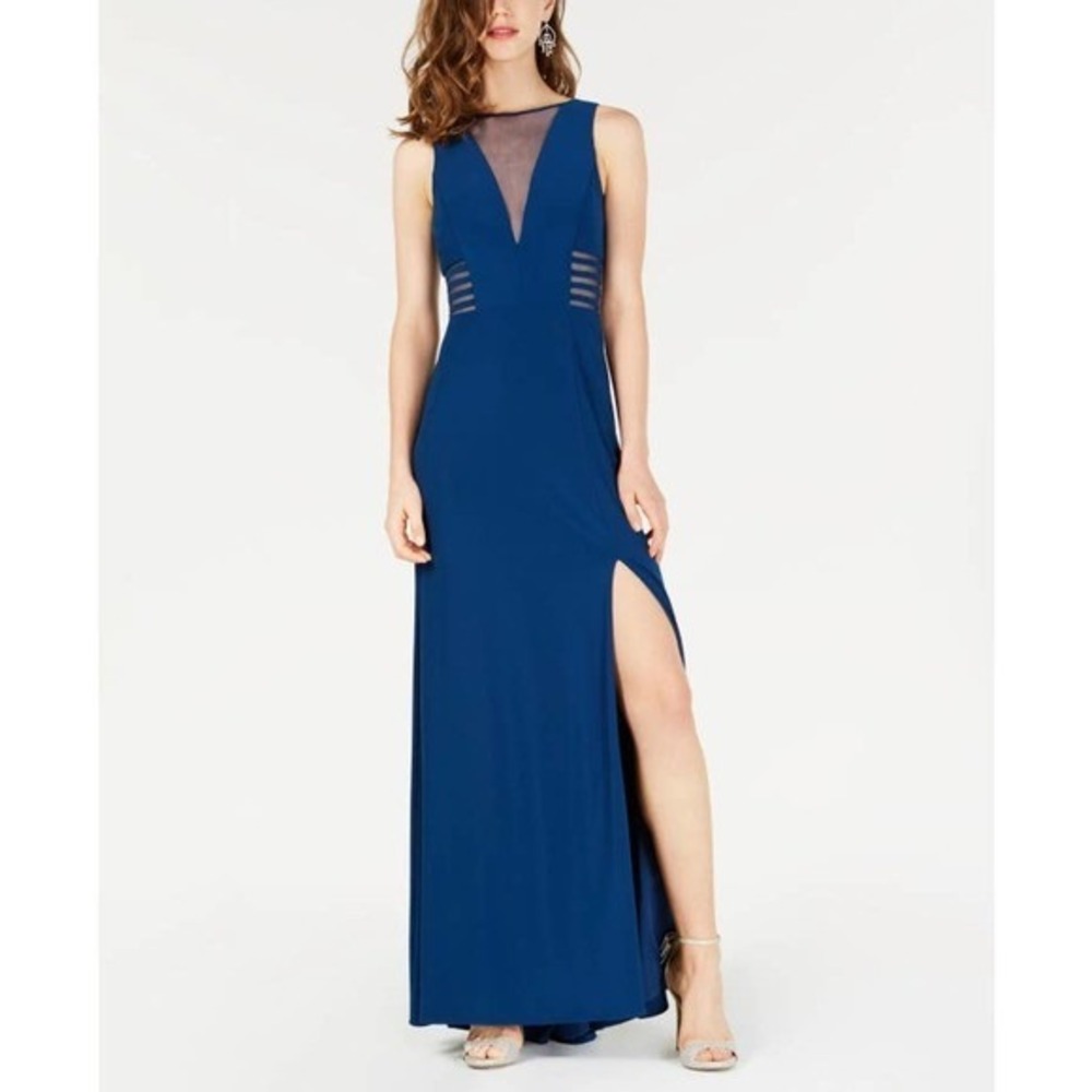 Morgan & Co Womens‎ Peacock Blue Mesh V-Neck Formal Gown Dress 12173 Size 9/10